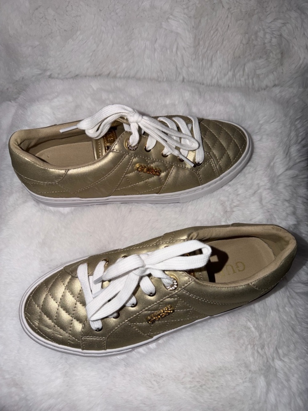 NEW G by Guess Metallic Gold Quilted Sneakers with White Laces